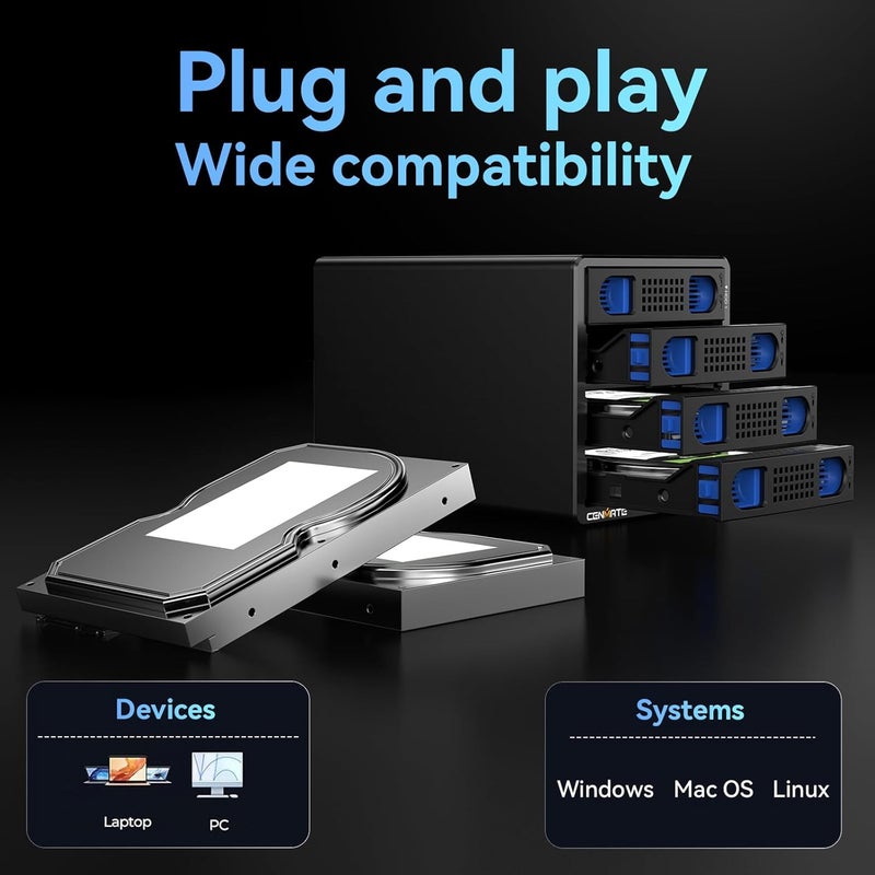 cenmate 4 Bay Hard Drive Enclosure with Cooling Fan for 2.5/3.5" SATA HDD/SSD with USB A/C 3.0＋eSATA Cable, 3.5 Hard Drive Reader Supports 80TB Capacity(NO RAID/NAS) - Image 5